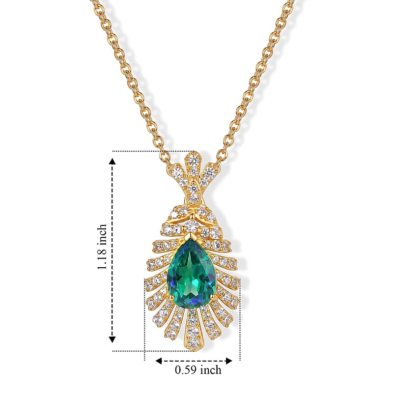 EverTrue Peacock Quartz (Triplet) and White Zircon 3.20 ctw Feather Glow Pendant in 18K YG Plated with ION Plated YG Stainless Steel Necklace (20 Inches)