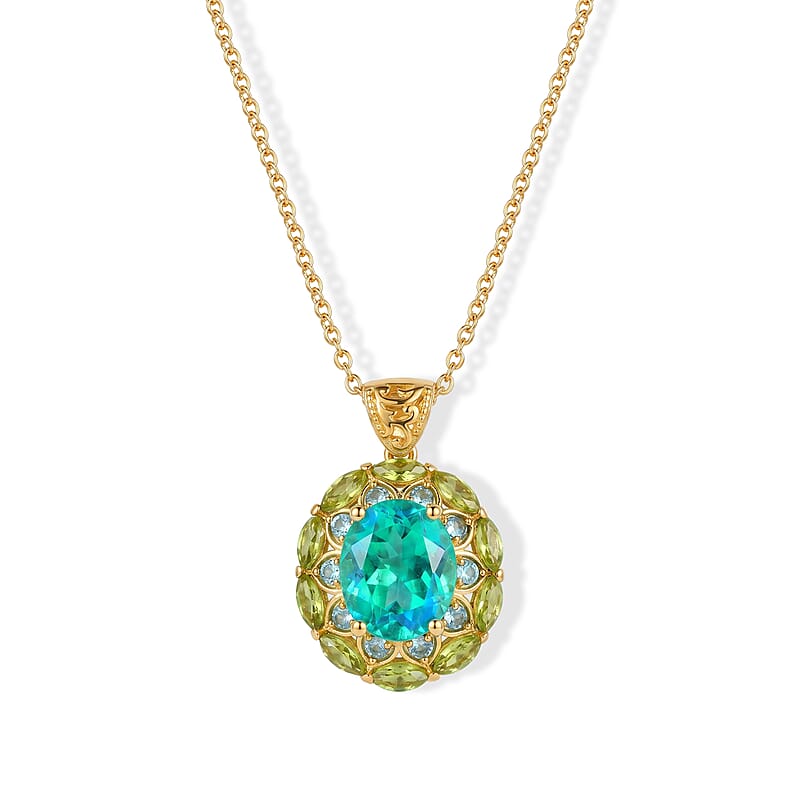 EverTrue Peacock Quartz (Triplet) and Multi Gemstone 8.50 ctw Royal Peacock Petal Pendant in 18K YG Plated with ION Plated YG Stainless Steel Necklace (20 Inches)