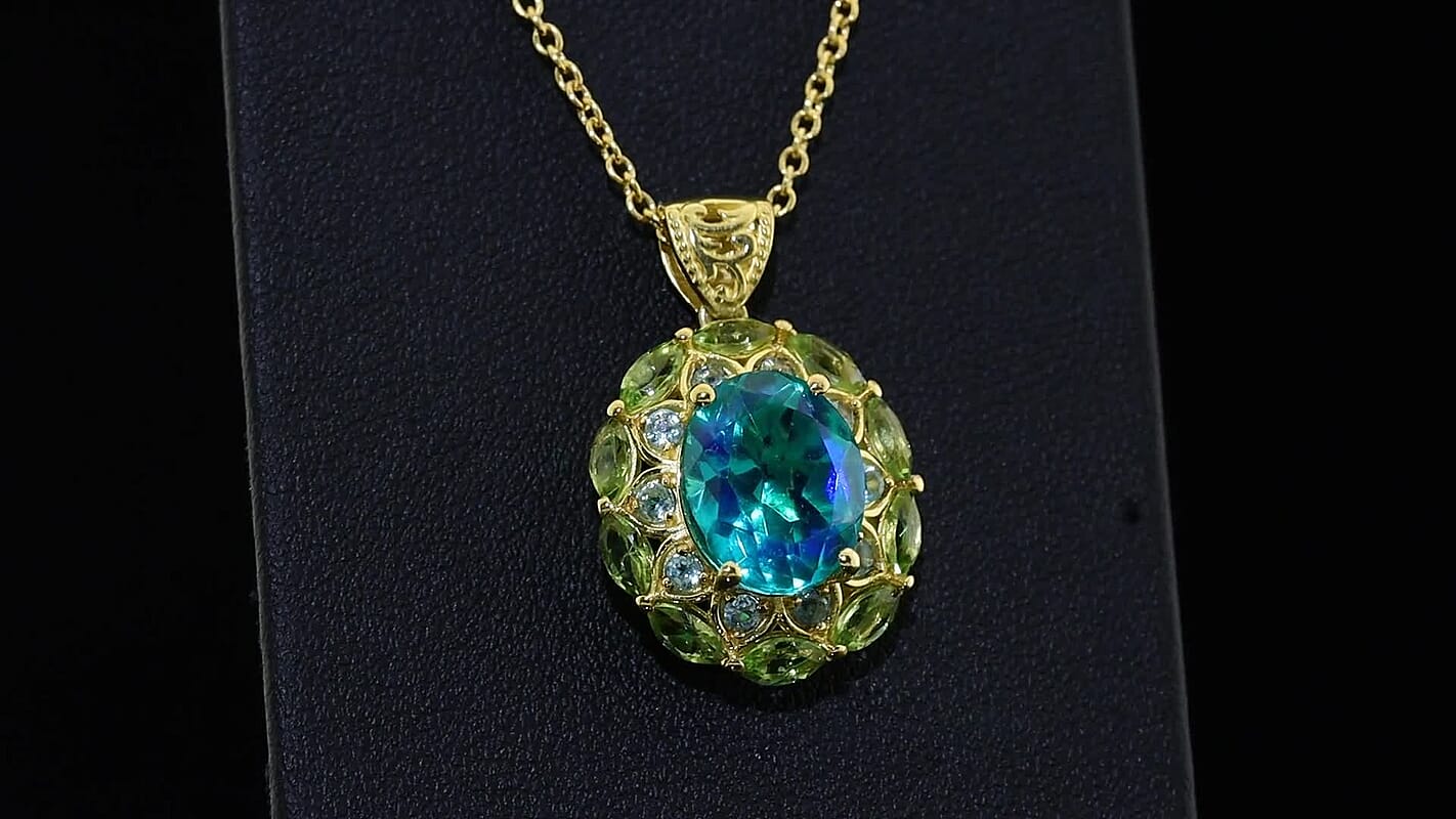 EverTrue Peacock Quartz, Multi Gemstone Royal Peacock Petal Pendant in 18K YG Plated with ION Plated YG Stainless Steel Necklace (20 Inches) 8.50 ctw
