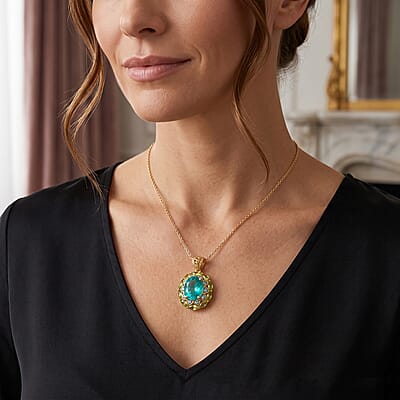 EverTrue Peacock Quartz (Triplet) and Multi Gemstone 8.50 ctw Royal Peacock Petal Pendant in 18K YG Plated with ION Plated YG Stainless Steel Necklace (20 Inches)