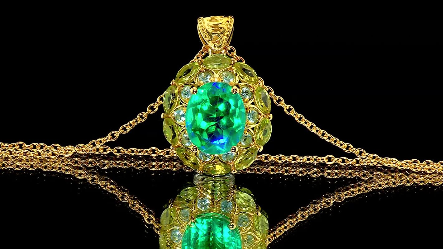 EverTrue Peacock Quartz, Multi Gemstone Royal Peacock Petal Pendant in 18K YG Plated with ION Plated YG Stainless Steel Necklace (20 Inches) 8.50 ctw