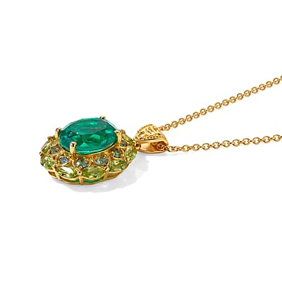 EverTrue Peacock Quartz (Triplet) and Multi Gemstone 8.50 ctw Royal Peacock Petal Pendant in 18K YG Plated with ION Plated YG Stainless Steel Necklace (20 Inches)