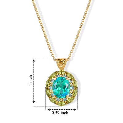 EverTrue Peacock Quartz (Triplet) and Multi Gemstone 8.50 ctw Royal Peacock Petal Pendant in 18K YG Plated with ION Plated YG Stainless Steel Necklace (20 Inches)