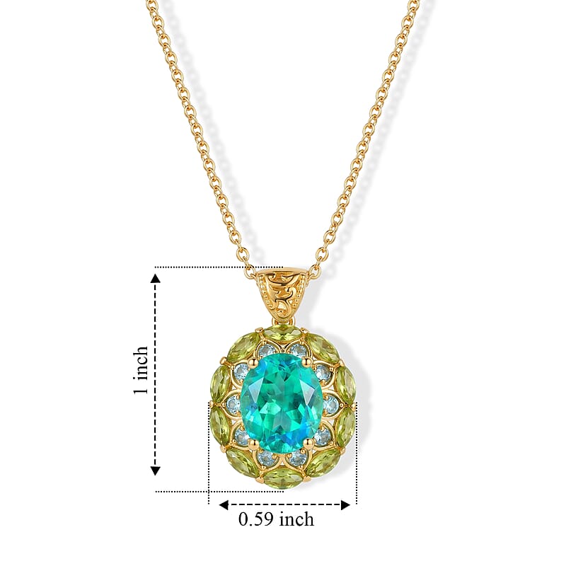 EverTrue Peacock Quartz (Triplet) and Multi Gemstone 8.50 ctw Royal Peacock Petal Pendant in 18K YG Plated with ION Plated YG Stainless Steel Necklace (20 Inches)
