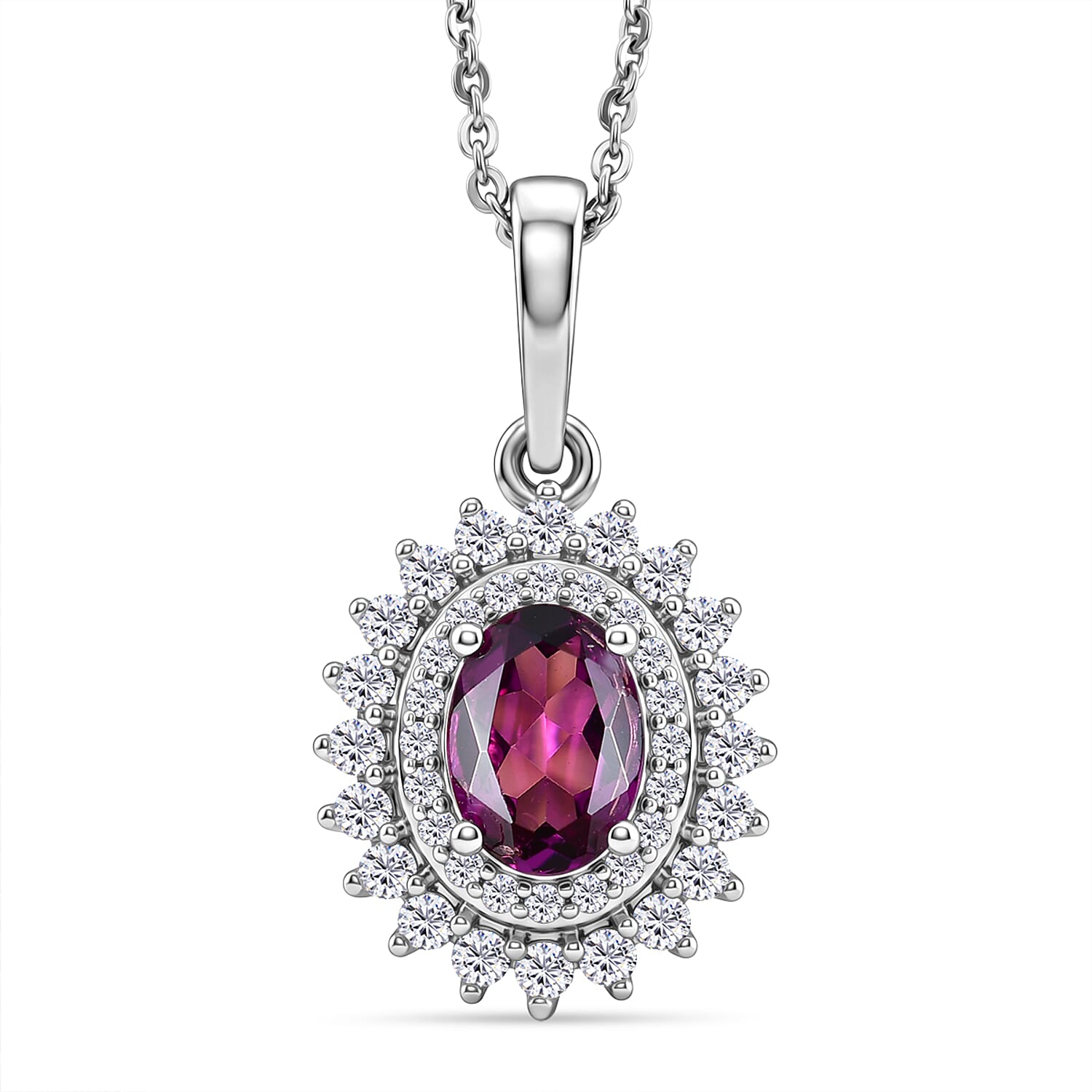 D'Joy Premium Radiant Ember Garnet and Moissanite 1.40 ctw Pendant Necklace in Rhodium Over Sterling Silver 18 Inches