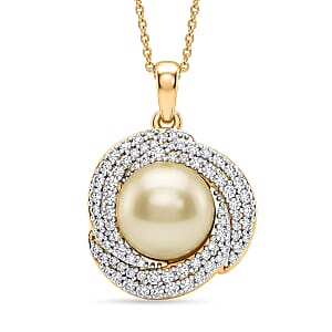 D'Joy Premium South Sea Golden Cultured Pearl and Moissanite Pendant Necklace in 18K Vermeil Yellow Gold Over Sterling Silver 20 Inches 