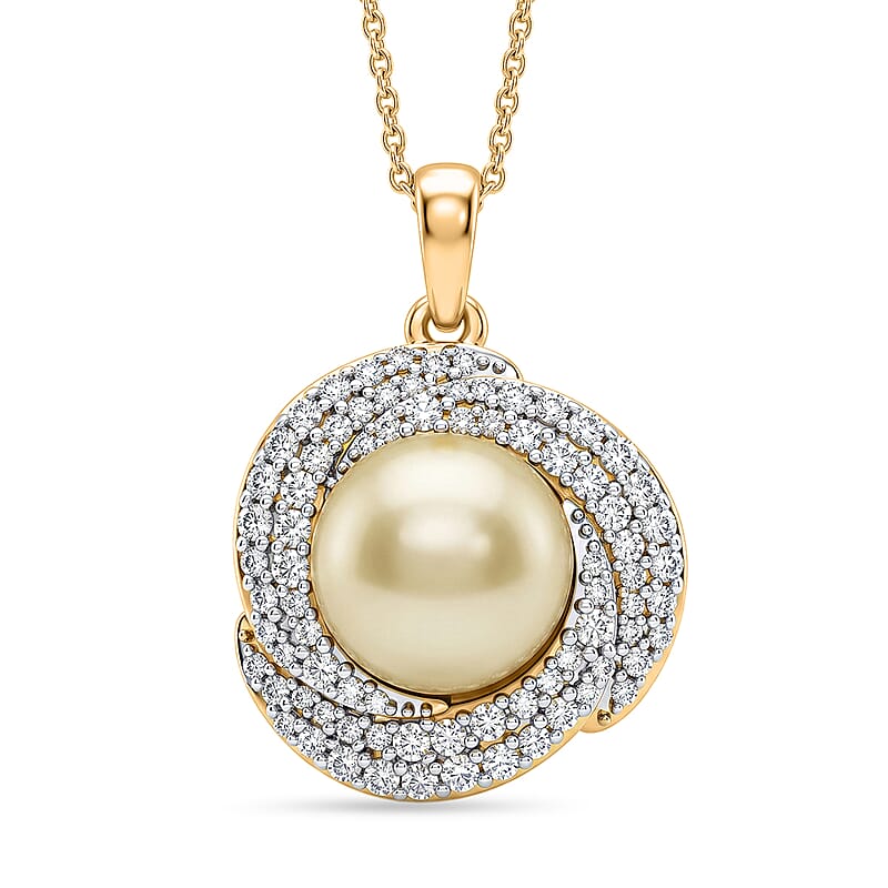 D'Joy Premium South Sea Golden Cultured Pearl and Moissanite Pendant Necklace in 18K Vermeil Yellow Gold Over Sterling Silver 20 Inches