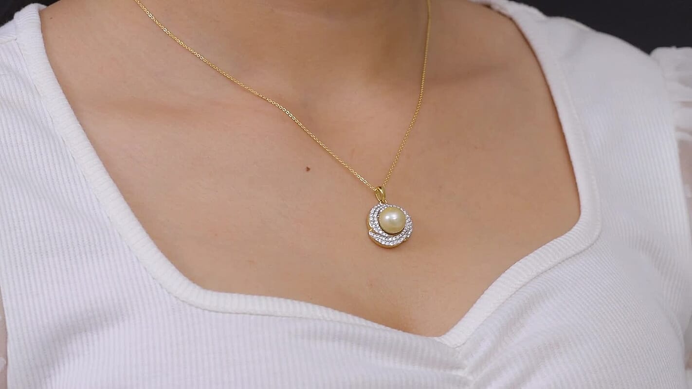 D'Joy Premium South Sea Golden Cultured Pearl and Moissanite Pendant Necklace in 18K Vermeil Yellow Gold Over Sterling Silver 20 Inches