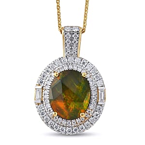 D'Joy AAA Canadian Ammolite and Moissanite 4.60 ctw Rainbow Flame Pendant Necklace in 18K Vermeil Yellow Gold Over Sterling Silver 20 Inches