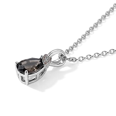 EverTrue Smoky Quartz and White Zircon 1.85 ctw Pendant in Platinum Bond with Stainless Steel Necklace 20 Inches