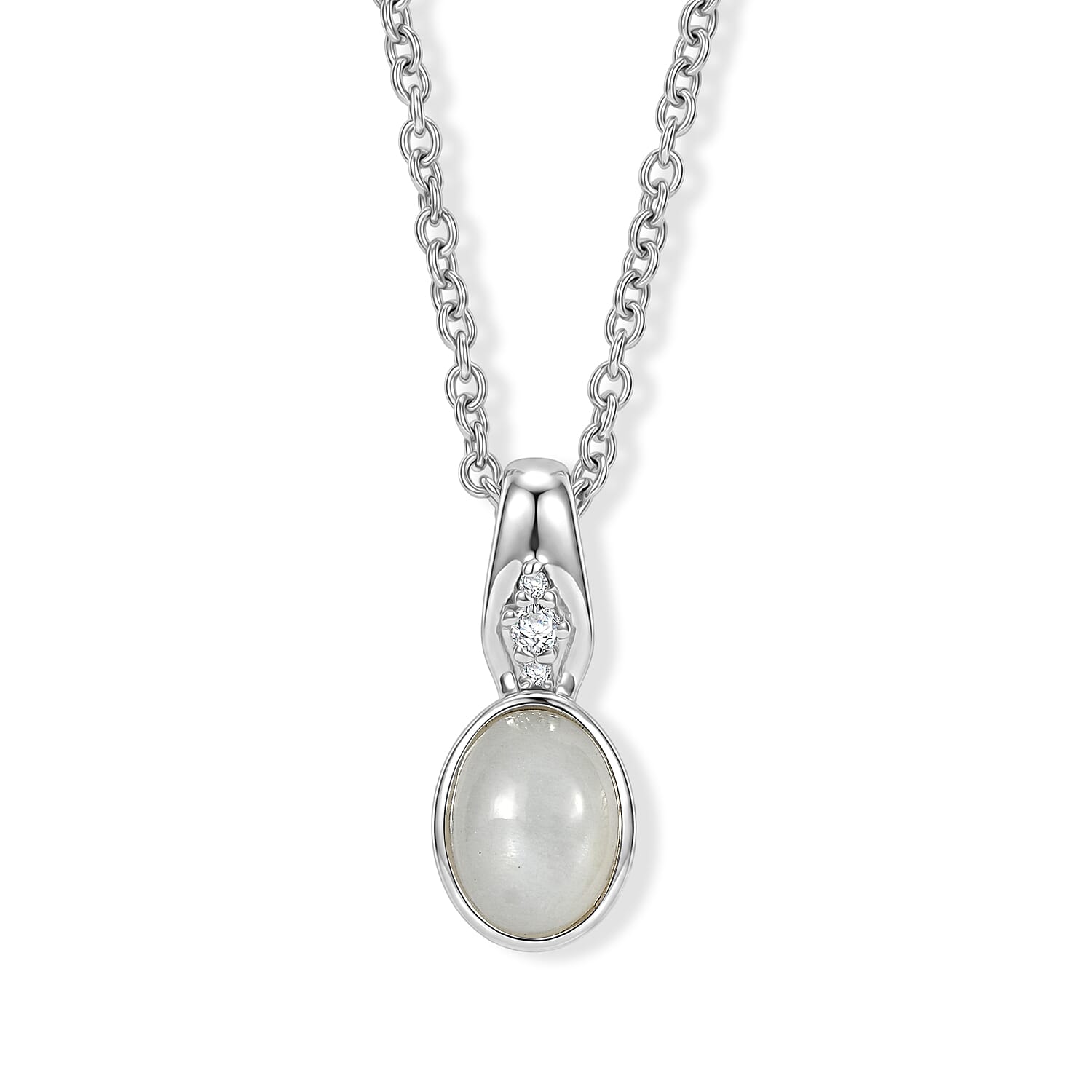 EverTrue White Moonstone and White Zircon 1.30 ctw Pendant in Platinum Bond with Stainless Steel Necklace (20 Inches)