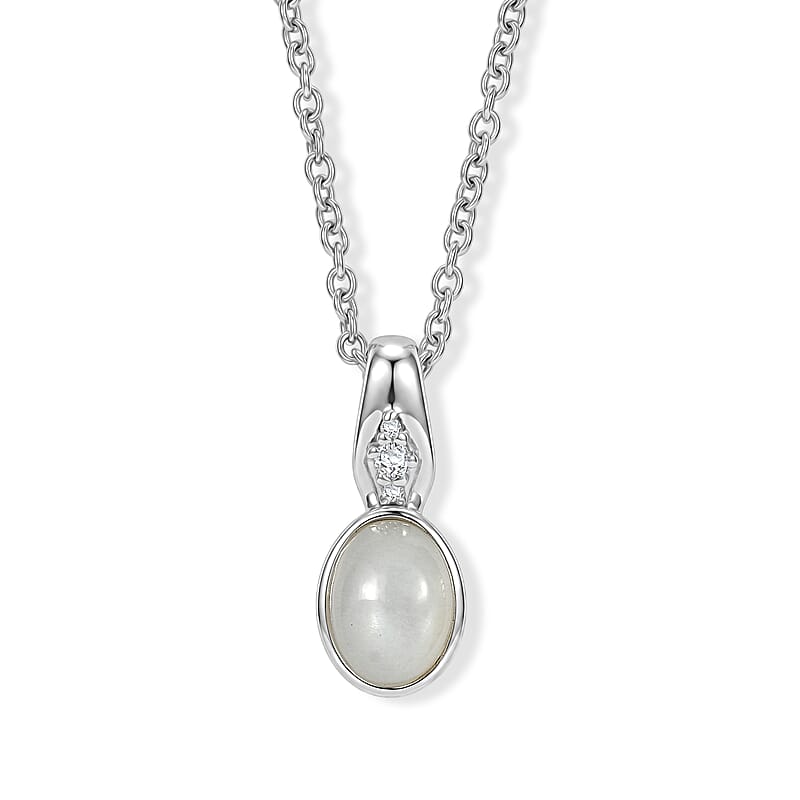 EverTrue White Moonstone and White Zircon 1.30 ctw Pendant in Platinum Bond with Stainless Steel Necklace (20 Inches)