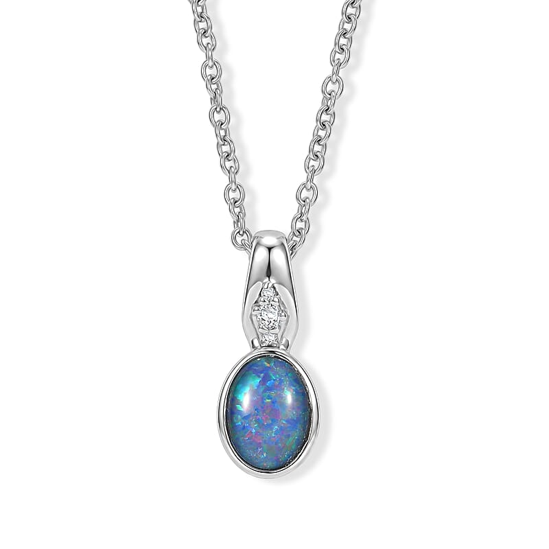 EverTrue Boulder Opal Triplet and White Zircon 0.85 ctw Pendant in Platinum Bond with Stainless Steel (20 Inches)