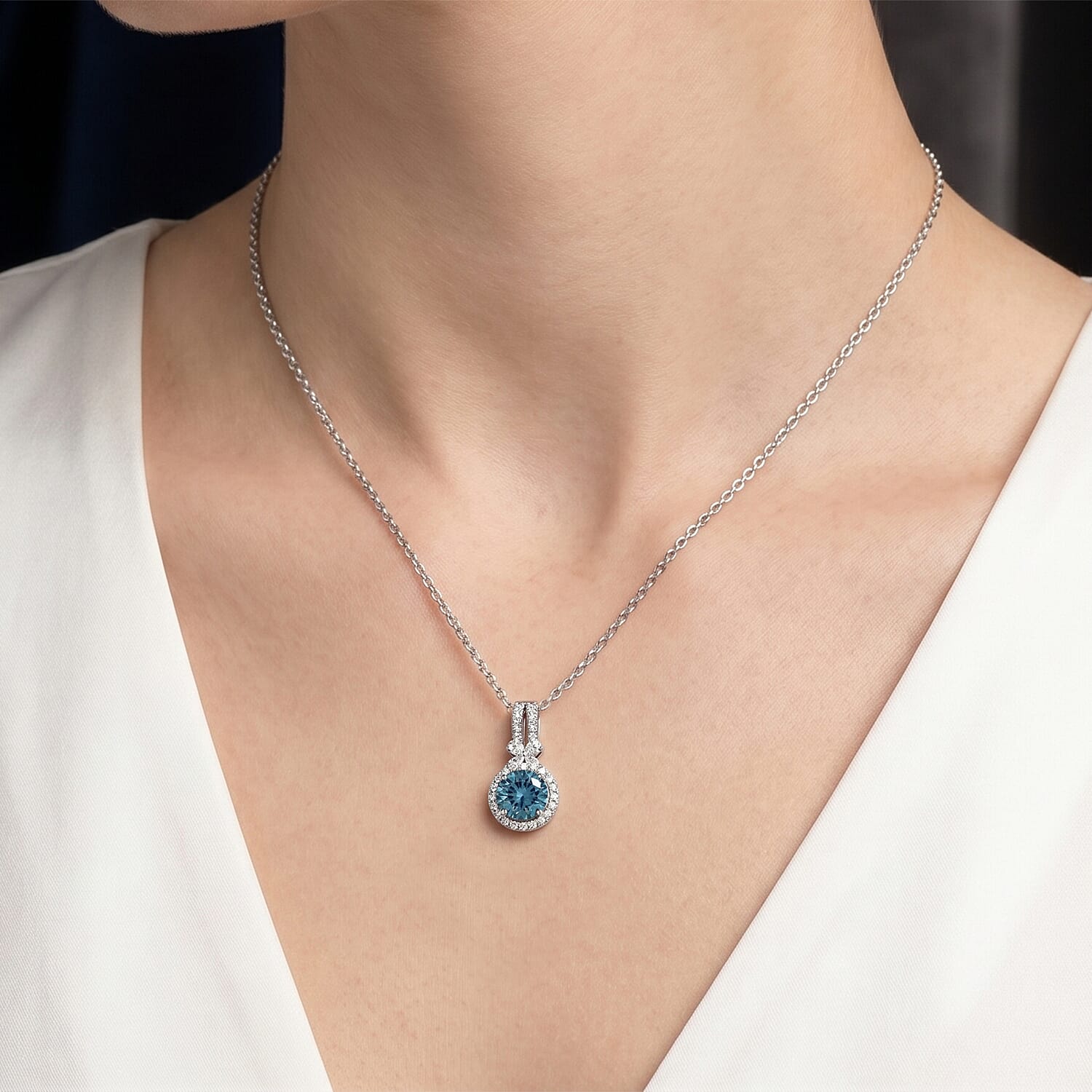 Luxuriant Lab Grown Blue Diamond IR and Lab Grown Diamond EF VS 2.50 ctw Pendant Necklace in Rhodium Over Sterling Silver 18 Inches