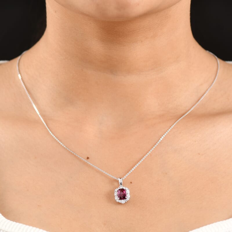 D'Joy Premium Usambara Color Change Garnet and Moissanite 2.20 ctw Pendant Necklace in Rhodium Over Sterling Silver 18 Inches