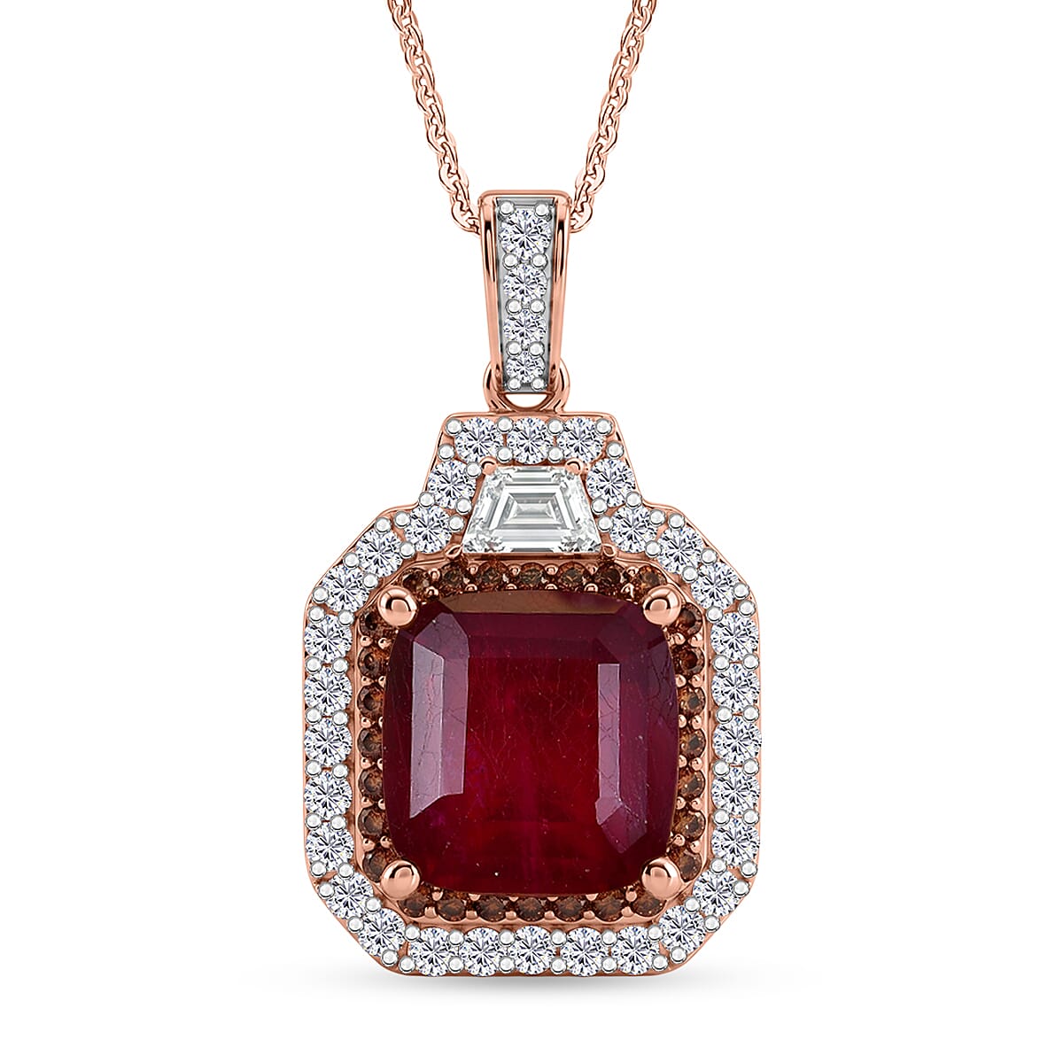 D'Joy Asscher Cut Premium Niassa Ruby (FF), Champagne and White Zircon 9.60 ctw Majestic Scarlet Halo Pendant Necklace in 18K Vermeil Rose Gold Over Sterling Silver 20 Inches