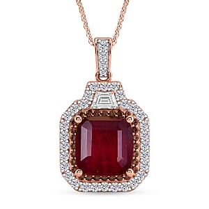 D'Joy Asscher Cut Premium Niassa Ruby (FF), Champagne and White Zircon 9.60 ctw Majestic Scarlet Halo Pendant Necklace in 18K Vermeil Rose Gold Over Sterling Silver 20 Inches