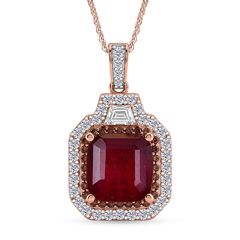 D'Joy Asscher Cut Premium Niassa Ruby (FF), Champagne and White Zircon 9.60 ctw Majestic Scarlet Halo Pendant Necklace in 18K Vermeil Rose Gold Over Sterling Silver 20 Inches