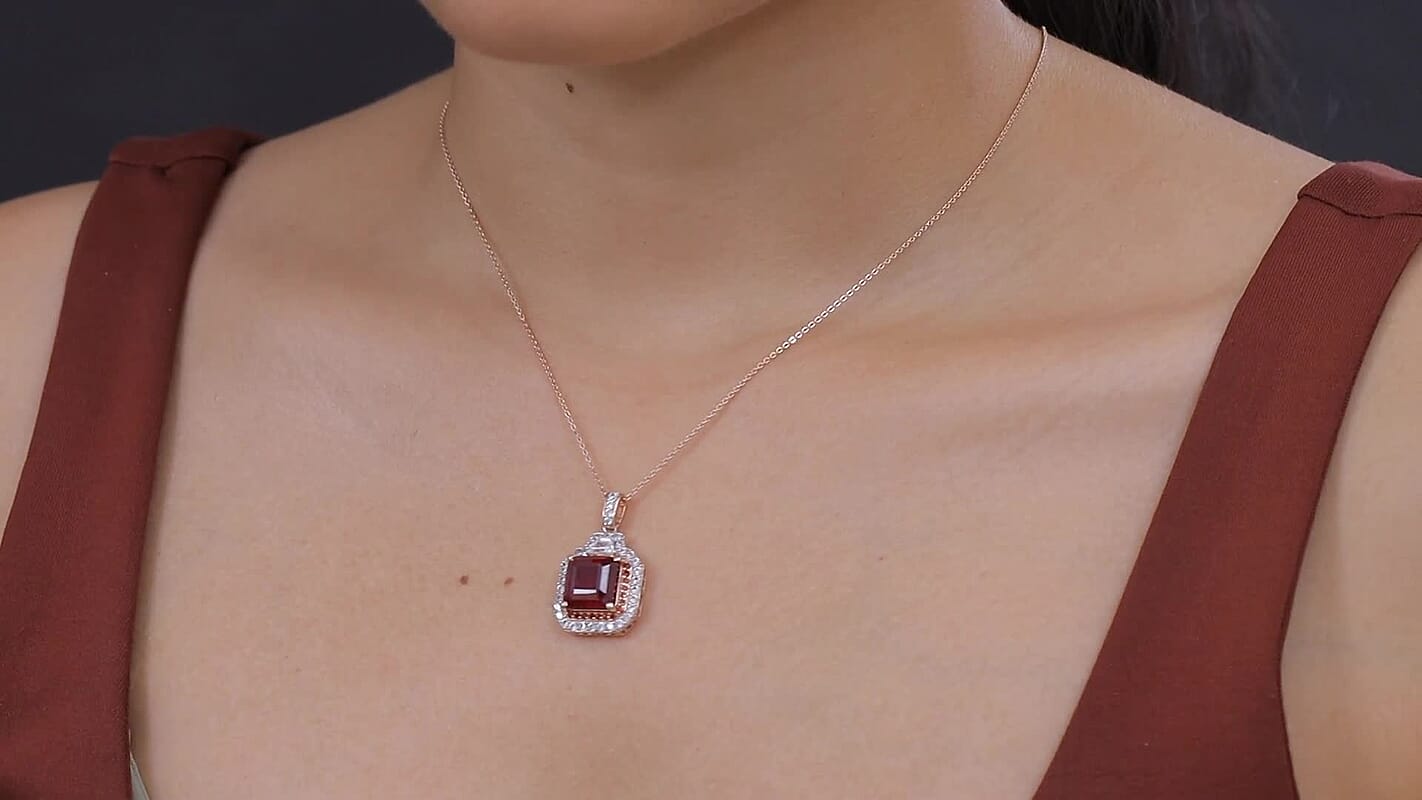 D'Joy Asscher Cut Premium Niassa Ruby (FF), Champagne and White Zircon Pendant Necklace (20 Inches) in 18K Vermeil RG Over Sterling Silver 9.60 ctw