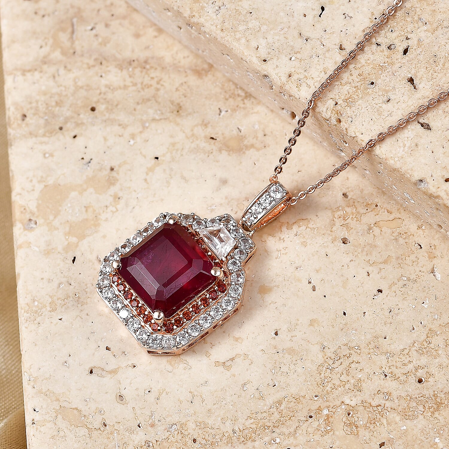 D'Joy Asscher Cut Premium Niassa Ruby (FF), Champagne and White Zircon 9.60 ctw Majestic Scarlet Halo Pendant Necklace in 18K Vermeil Rose Gold Over Sterling Silver 20 Inches