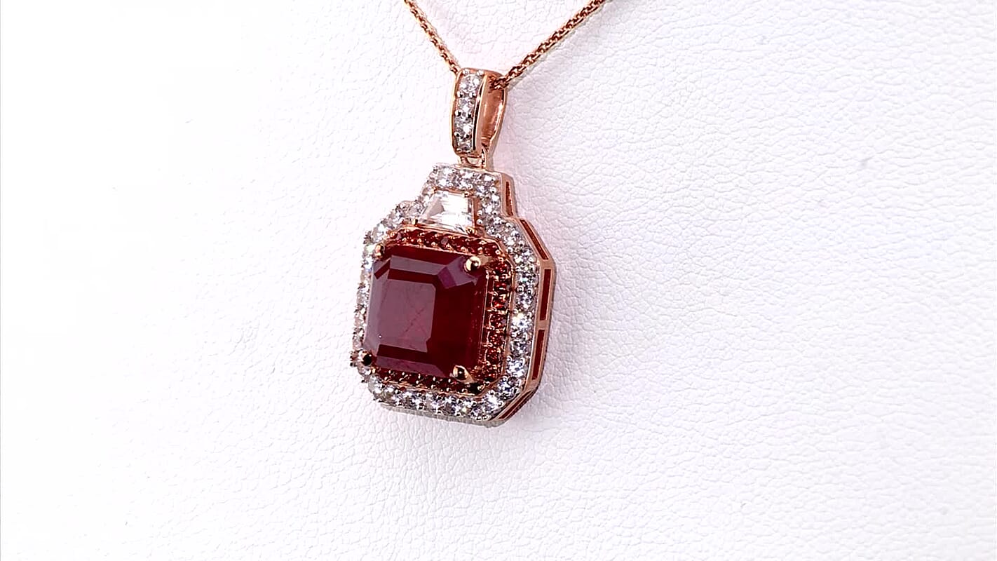 D'Joy Asscher Cut Premium Niassa Ruby (FF), Champagne and White Zircon Pendant Necklace (20 Inches) in 18K Vermeil RG Over Sterling Silver 9.60 ctw