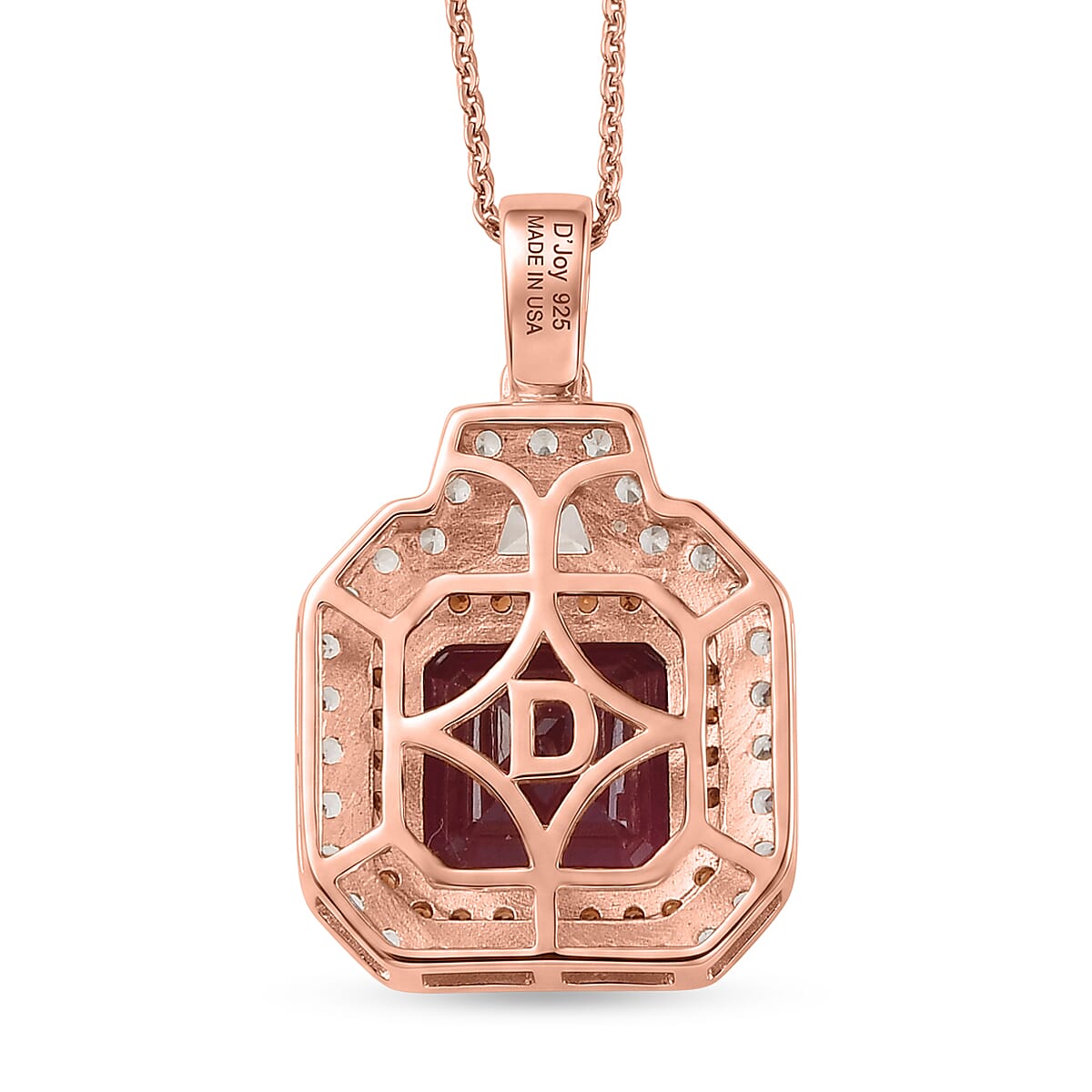 D'Joy Asscher Cut Premium Niassa Ruby (FF), Champagne and White Zircon 9.60 ctw Majestic Scarlet Halo Pendant Necklace in 18K Vermeil Rose Gold Over Sterling Silver 20 Inches