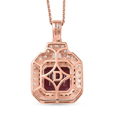 D'Joy Asscher Cut Premium Niassa Ruby (FF), Champagne and White Zircon 9.60 ctw Majestic Scarlet Halo Pendant Necklace in 18K Vermeil Rose Gold Over Sterling Silver 20 Inches