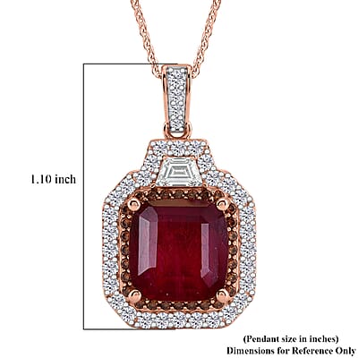 D'Joy Asscher Cut Premium Niassa Ruby (FF), Champagne and White Zircon 9.60 ctw Majestic Scarlet Halo Pendant Necklace in 18K Vermeil Rose Gold Over Sterling Silver 20 Inches