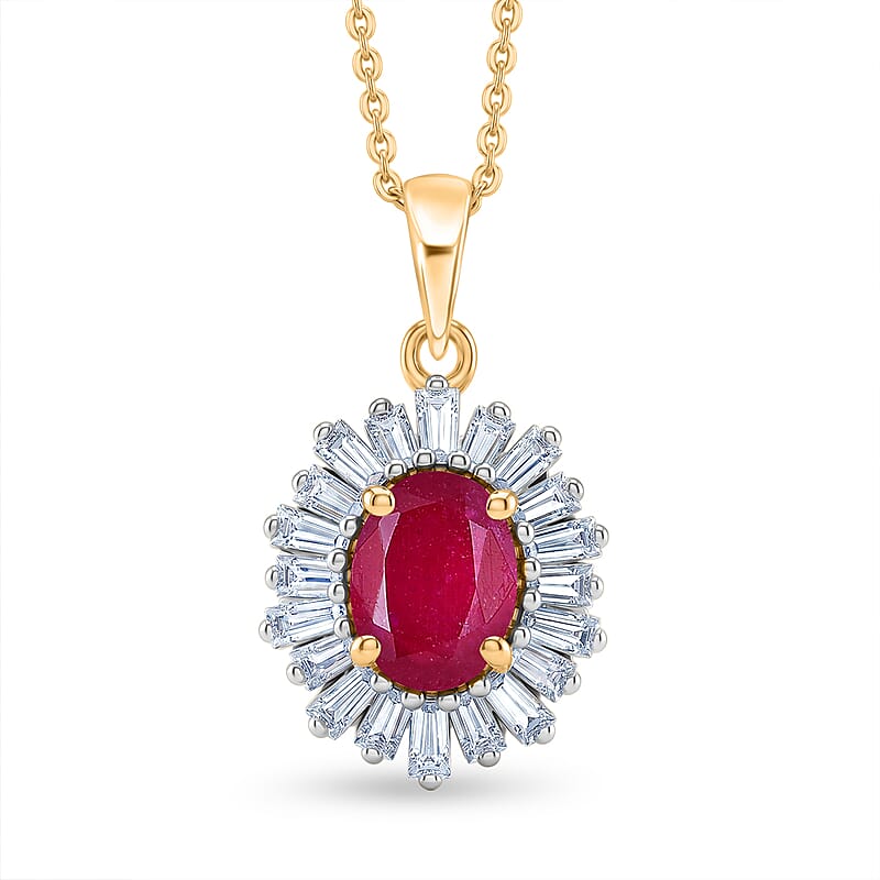 D'Joy Premium Niassa Ruby (FF) and Moissanite 2.65 ctw Royal Starburst Pendant Necklace in 18K Vermeil Yellow Gold Over Sterling Silver 20 Inches
