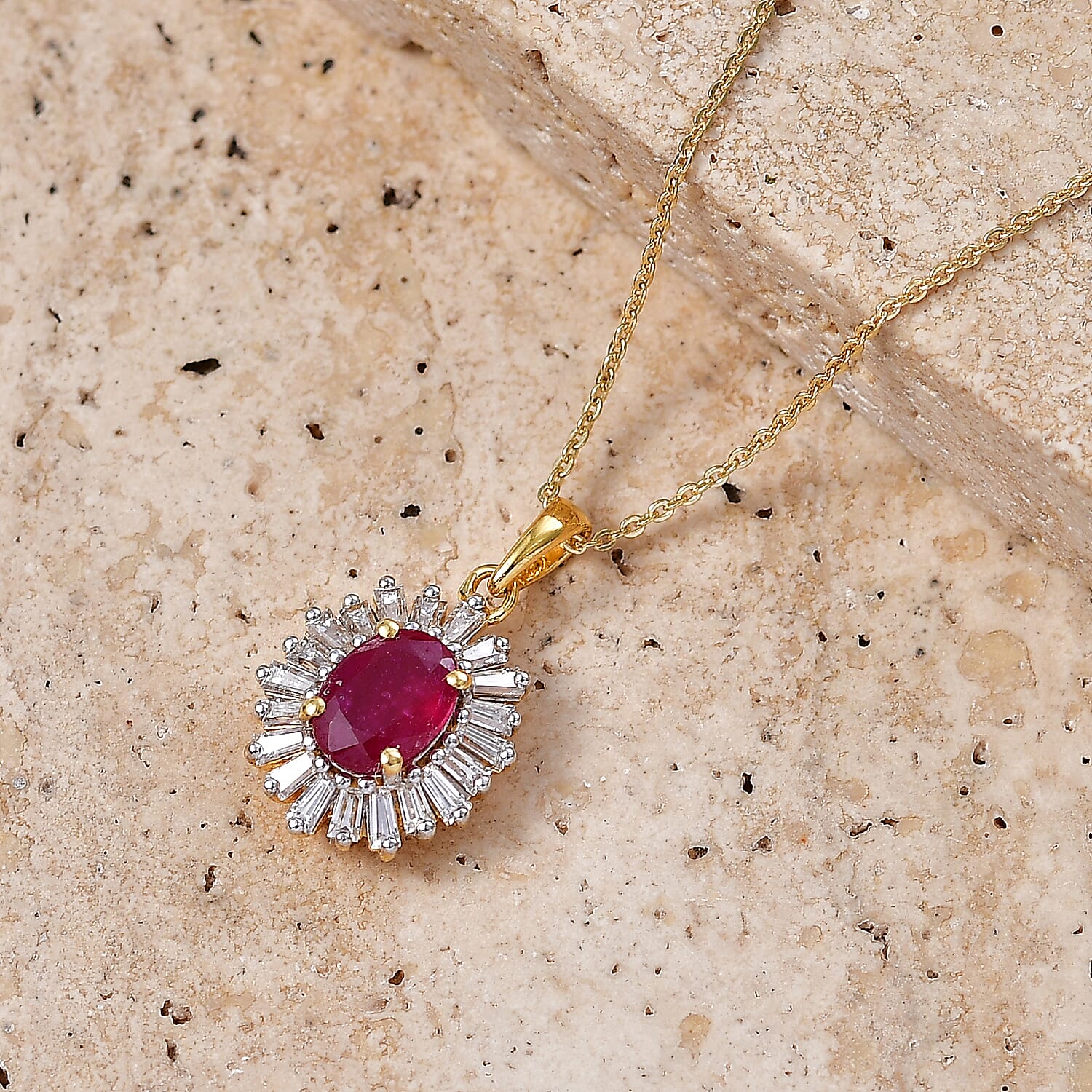 D'Joy Premium Niassa Ruby (FF) and Moissanite 2.65 ctw Royal Starburst Pendant Necklace in 18K Vermeil Yellow Gold Over Sterling Silver 20 Inches
