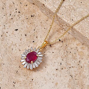 D'Joy Premium Niassa Ruby (FF) and Moissanite 2.65 ctw Royal Starburst Pendant Necklace in 18K Vermeil Yellow Gold Over Sterling Silver 20 Inches