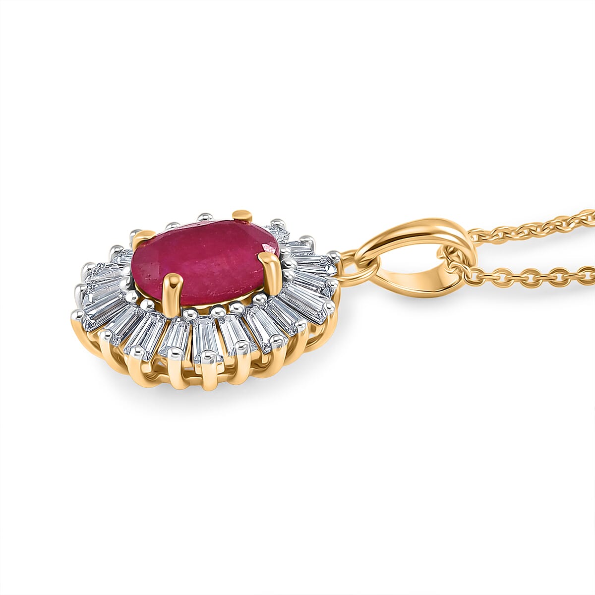 D'Joy Premium Niassa Ruby (FF) and Moissanite 2.65 ctw Royal Starburst Pendant Necklace in 18K Vermeil Yellow Gold Over Sterling Silver 20 Inches