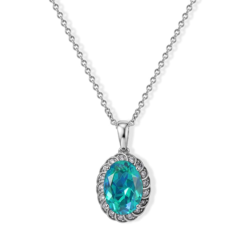 EverTrue Peacock Quartz (Triplet) and White Zircon 6.40 ctw Peacock Empress Pendant in Platinum Bond with Stainless Steel Necklace (20 Inches)