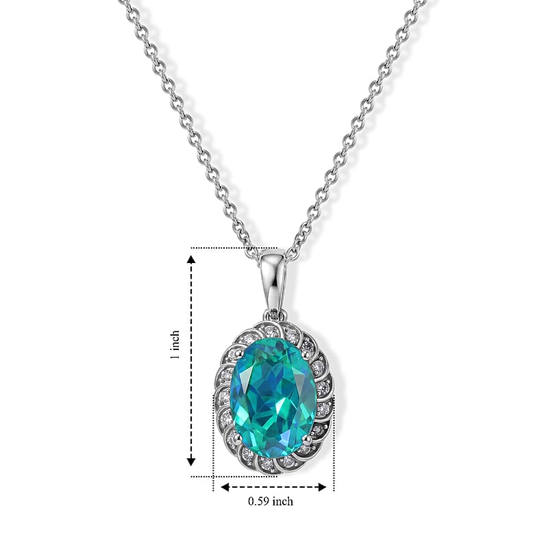 EverTrue Peacock Quartz (Triplet) and White Zircon 6.40 ctw Peacock Empress Pendant in Platinum Bond with Stainless Steel Necklace (20 Inches)