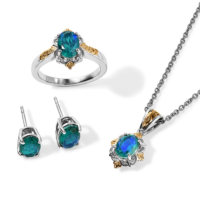 EverTrue Peacock Quartz (Triplet) 5.40 ctw Vintage Royal Bloom Earrings in Platinum Bond with Stainless Steel Necklace (20 Inches)