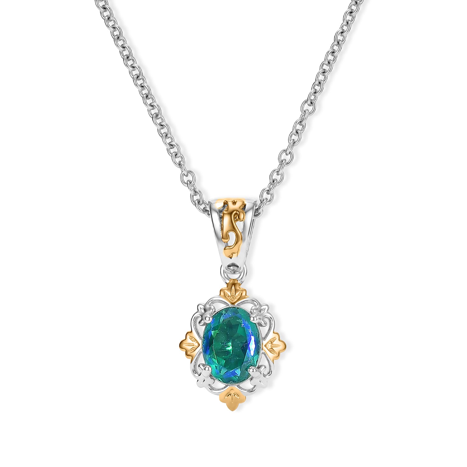 EverTrue Peacock Quartz (Triplet) 5.40 ctw Vintage Royal Bloom Earrings in Platinum Bond with Stainless Steel Necklace (20 Inches)