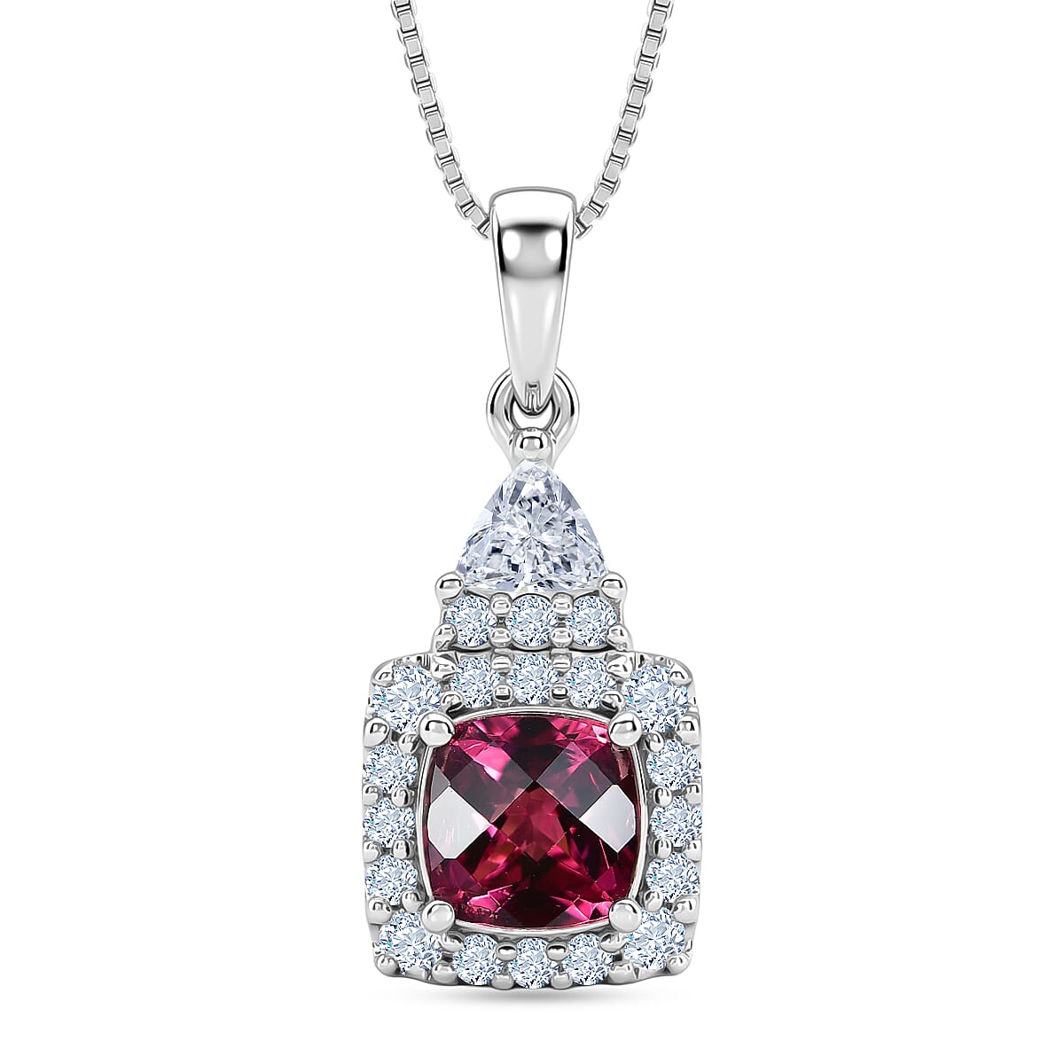 D'Joy Premium Checkerboard Cut Usambara Color Change Garnet and Moissanite 1.65 ctw Pendant Necklace in Rhodium Over Sterling Silver (18 Inches)