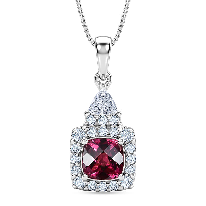 D'Joy Premium Checkerboard Cut Usambara Color Change Garnet and Moissanite 1.65 ctw Pendant Necklace in Rhodium Over Sterling Silver (18 Inches)