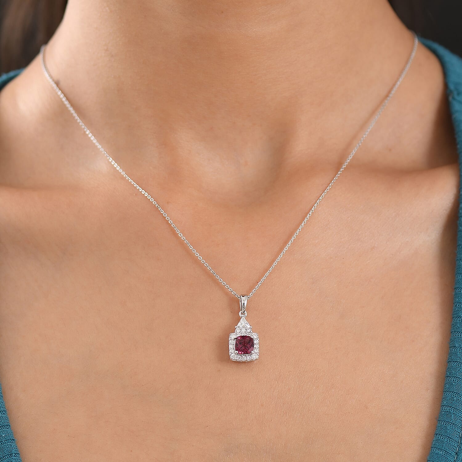 D'Joy Premium Checkerboard Cut Usambara Color Change Garnet and Moissanite 1.65 ctw Pendant Necklace in Rhodium Over Sterling Silver (18 Inches)