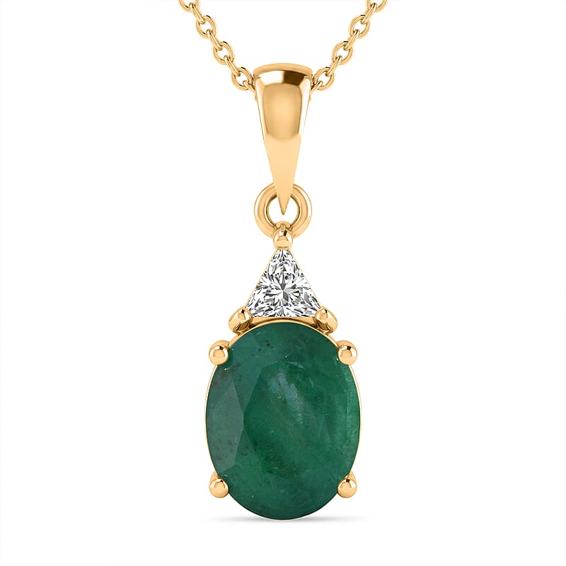 AAA Kagem Zambian Emerald and Luxuriant Lab Grown Diamond E-F VS 2.10 ctw Elegance Pendant Necklace in 10K Yellow Gold (18 Inches)