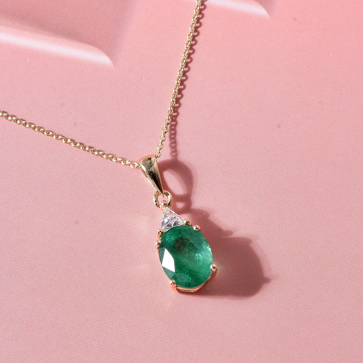AAA Kagem Zambian Emerald and Luxuriant Lab Grown Diamond E-F VS 2.10 ctw Elegance Pendant Necklace in 10K Yellow Gold (18 Inches) image number 1