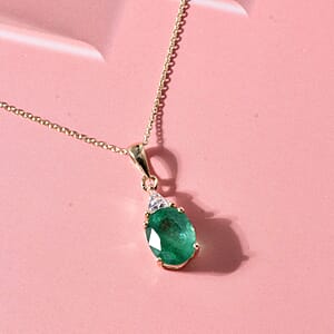 AAA Kagem Zambian Emerald and Luxuriant Lab Grown Diamond E-F VS 2.10 ctw Elegance Pendant Necklace in 10K Yellow Gold (18 Inches)