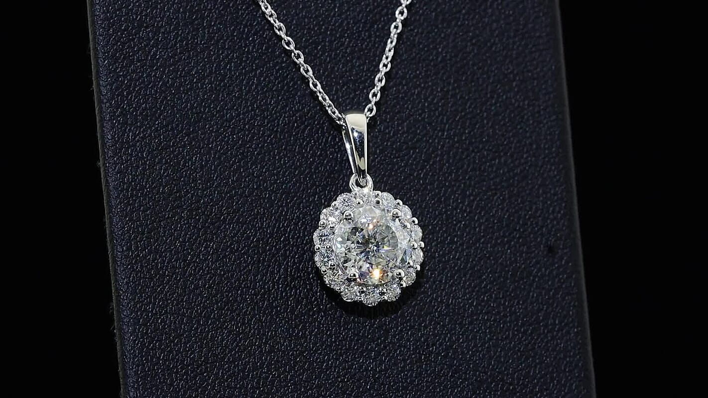 D''Joy Moissanite (Rnd 8mm) Pendant Necklace (20 Inches) in Rhodium Over Sterling Silver 2.30 ctw