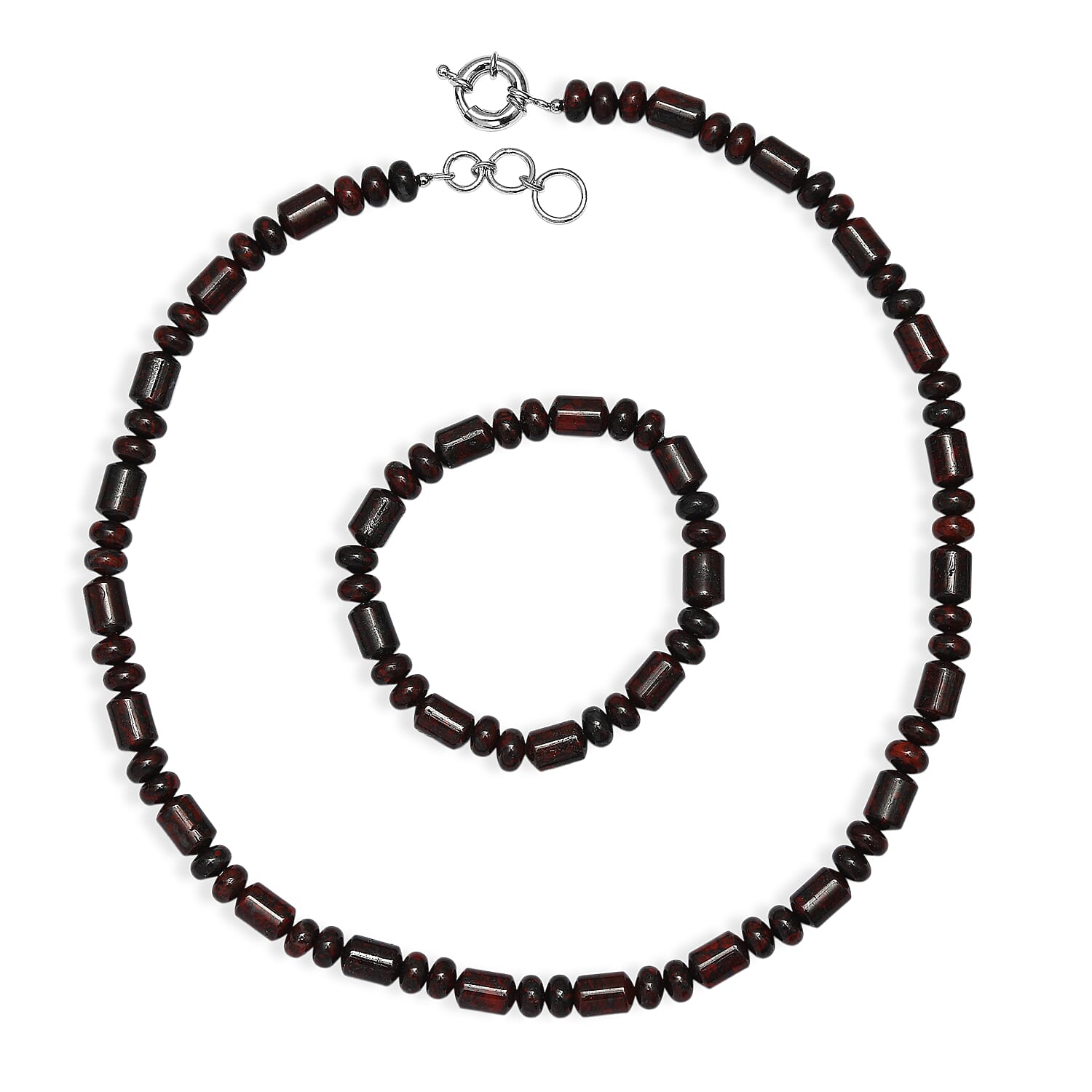 EverTrue Red Jasper 410.00 ctw Beaded Stretch Bracelet and Necklace 20 Inches in Platinum Bond