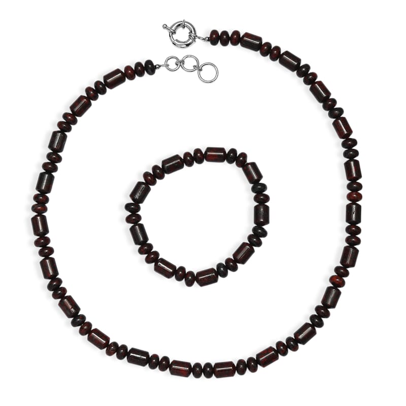 EverTrue Red Jasper 410.00 ctw Beaded Stretch Bracelet and Necklace 20 Inches in Platinum Bond