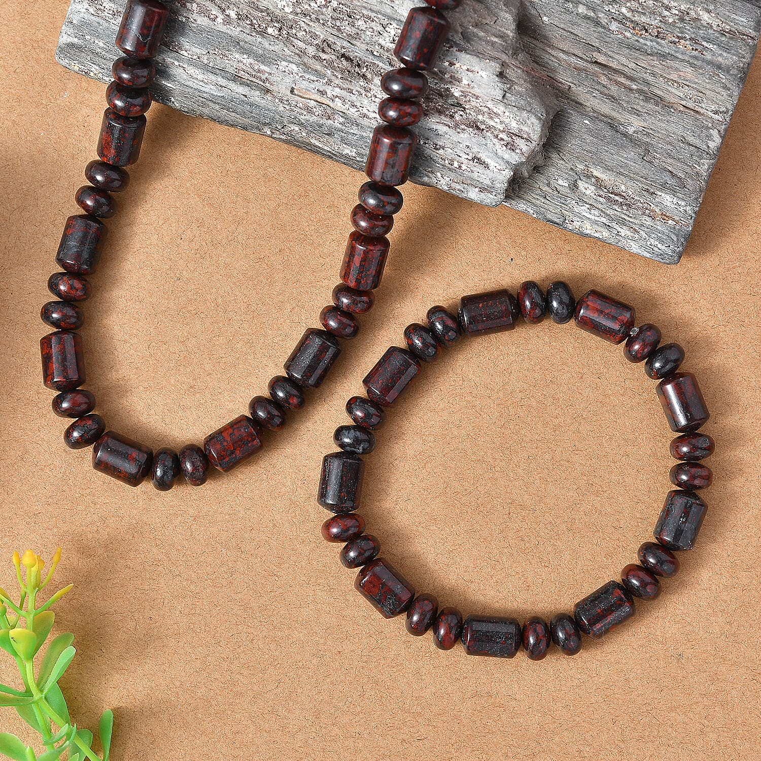 EverTrue Red Jasper 410.00 ctw Beaded Stretch Bracelet and Necklace 20 Inches in Platinum Bond