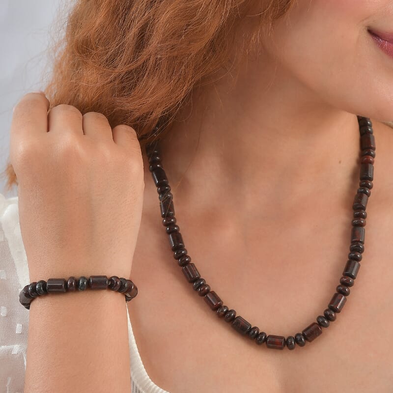 EverTrue Red Jasper 410.00 ctw Beaded Stretch Bracelet and Necklace 20 Inches in Platinum Bond
