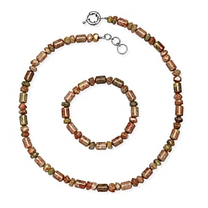 EverTrue Unakite 365.00 ctw Beaded Stretch Bracelet and Necklace 20 Inches in Platinum Bond