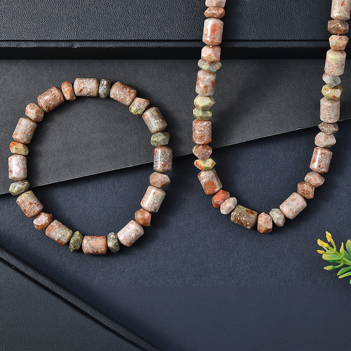 EverTrue Unakite 365.00 ctw Beaded Stretch Bracelet and Necklace 20 Inches in Platinum Bond image number 1
