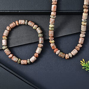 EverTrue Unakite 365.00 ctw Beaded Stretch Bracelet and Necklace 20 Inches in Platinum Bond